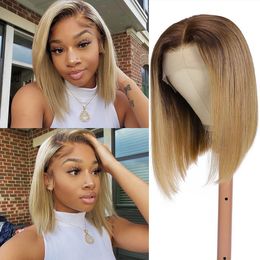 Ombre Coloured Brazilian Virgin Human Hair Wigs T Part Lace Wig For Women Short Straight Bob Wig 2022 New Style