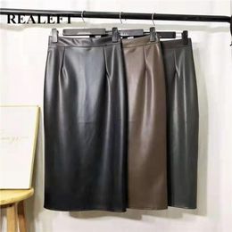 REALEFT Autumn Winter PU Faxu Leather Women Mi-long Wrap Skirts High Waist Back Split Sheath Pencil Sexy Skirt Female 220317