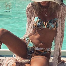 Peachtan Sexy bandeau women's swimsuit Micro bikini set Print bathers bathing suit Two piece swimwear women High cut bikini T200508