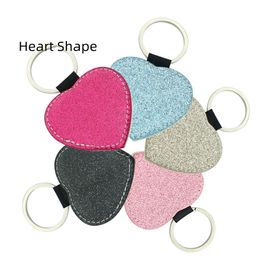 PU Leather Sublimation Keychain Home Blanks Heat Transfer Heart Shape Glitter Backside Keyring DIY Gift