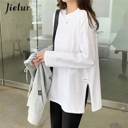 Jielur Autumn White Black Tops Women Korean Appliques Split Cotton T-shirt Female Long Sleeve Casual Loose Basic Shirt S-XL 220411