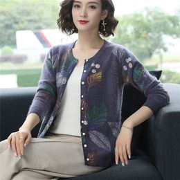 Fashion Leaf Print Women Knitted Cardigan Sweater O-neck Buttons Short Cardigan Jumper Casual Female Ladies Outwear 201223