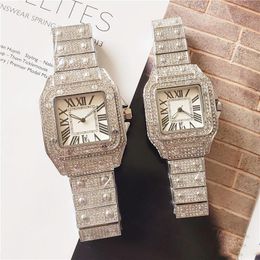 2022 Out Bling Diamonds Ring Watches For Men Women Hip Hop Square Roman Dial Designer Mens Quartz Watch Stainless Steel Band Business Wristwatch Man Woman Unisex Gift