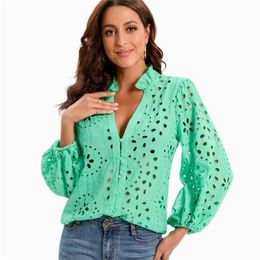 Women Lace Shirt Hollow Out Embroidery Blouse White Blue Green Rose Pink Summer Clothing Modern Girl Blusa Tops 220623