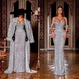 Luxury Women Sequined Evening Dresses 2 Pieces Floor Length Strapless Mermaid Prom Gowns Shiny Full Length Jacket Dress