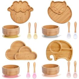 4pcs Childrens Tableware Suction Plate Bowl Baby Dishes Baby Feeding Dishes Spoon Fork Sets Bamboo Plate for Kids Tableware 220805