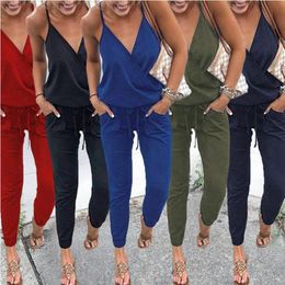 Women's Jumpsuits & Rompers Women's Summer Beach Backless Wear Women Sexy Spaghetti Straps Pocket Jumpsuit Ladies Elegant Loose Playsuit