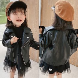 Jackets Baby Girls Faux Leather Jacket Zipper Fly Coat For Girls Solid Color Childrens Jacket Spring Autumn Kids Clothes Girl 220826