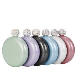 Stainless Steel Rhinestone Lid Mini Hip Flask Round Wine Pot Bottle 5 OZ Fashion Gift D1076