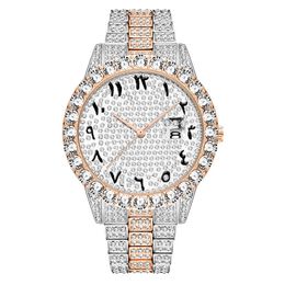 2022 Hip Hop Men Gold Brand Date Gifts Set Diamond Stainless Steel Full Diamond Large Dial Quartz Watch