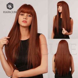 High temperature silk synthetic wig length 30 inches Tan bangs straight hair natural softness sexy elegance 220527