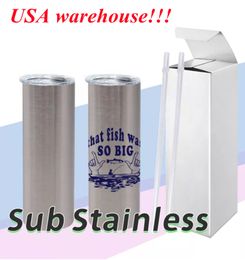 Local warehouse sublimation straight tumbler regular tumbler gloss sliver Colour cup 20oz blank skinny tumblers travel cup water bottle US STOCK