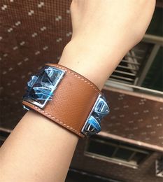 Classic wide leather rivet bracelet bangle famous brand embossed logo real leather bracelet for girls punk style cuff mental Jewellery