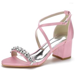 Sandals Summer Satin Evening Dress Crossed Bands Thin Strap Lady Shoes Thick Block Heels Crystal Trim Elegant Bridal PartySandals