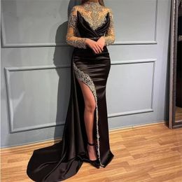 Sparkly Handmade Dubai Black Evening Dresses Beading Long Sleeves Lace Luxury Muslim Prom Party Gowns High Neck Robes De Soiree