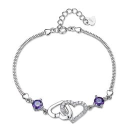 silver heart to heart link chain bracelet fashion female models cute vintage wild super flash jewelry purple crystals bracelets