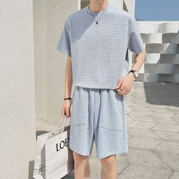 Men's Tracksuits Summer Blue/White Short Sets Men Slim Fashion Casual Plaid Korean Loose Short-sleeved T-shirt/Shorts Two-piece MenMen's