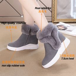 Women Boots Snow Warm Genuine Leather Rabbit Fur Internal Increase Platform High Heels Non-slip Keep Warm Shoes 2020 New