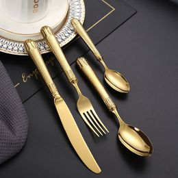 High-end Luxury Stainless Steel Spoons Fork Table Knife Tea-spoon Hollow Embossed Handle Flatware Retro Cutlery Soup Spoon Dining Utensils ZL1234