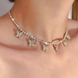 Fashion Butterfly Pendant Necklace Female Rhinestone Shining Statement Crystal Charm Choker Necklace for Woman Jewellery Gift