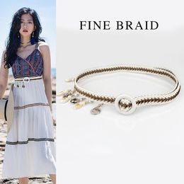 Belts Women Fashion Casual Straw Belt Round Wooden Buckle With Shell Waist Chain Belly Necklace Body Jewellery Dress Shirt AccessoriesBelts