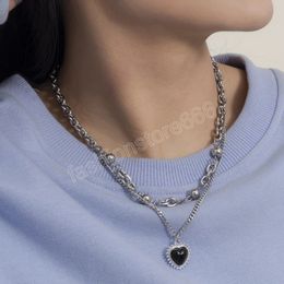 Layered Stainless Steel Chain with Heart Pendant Necklace for Women Trendy Beads Chain Choker Necklaces Fashion Jewelry Gift