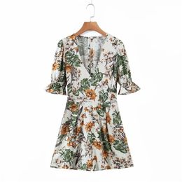 Sweet Women V Neck High Waist Rompers Summer Fashion Ladies Country Style Vintage Female Chiffon Print Jumpsuit 210515