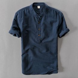 Summer Brand Shirt Men Short Sleeve Loose Thin Cotton Linen Shirt Male Fashion Solid Colour Trend O-Neck Tees 220505