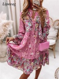 Harajuku Floral Printing Dress Women Casual Loose Mujers Fashion V-Neck Ruffle Min es Lady Elegant Flare Sleeve Beach 220418