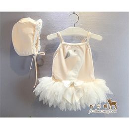 2pcs Set Baby Girl Swan Swimwear Dancing Dress Tutu and Caps 12-24M Toddler Ruffles Swimsuit Bathing 220425