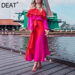 DEAT Woman Long Sleeve Dress Hit Color Pleated Ruffed With Sashes Slim Slash Neck Casual Style Summer Fashion 15HT170 220423