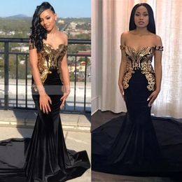 Sexy 2022 Gold Metal Applique Mermaid Long Prom Dresses Black Off The Shoulder Satin Sweep Train Formal Party Evening Gowns BC0991