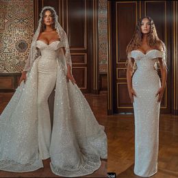 Sparkly Sequined Bohemian Mermaid Wedding Dress Off The Shoulder Illusion Bridal Gowns Tiered Beads vestido de noiva Detachable Train