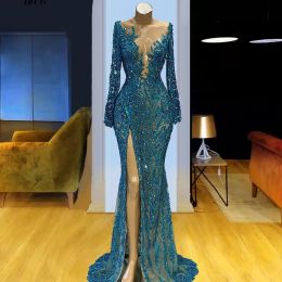 Sparkly Mermaid Evening Lace Sequin Long Sleeves Prom Gowns Sheer Neckline Illusion Beading Split Formal Dresses Vestidos De Novia