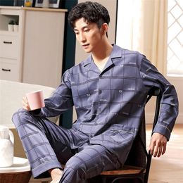 Men s stripe pajamas long sleeve cotton spring and autumn cardigan pajamas men s elegant plus size household suit men s youth LJ201113