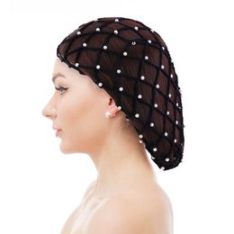 New Arrival Rayon Hair Net Beaded Pearl Crochet For Women Fashion Solid Colour Elastic Snood Casual Ladies Hair Accessories