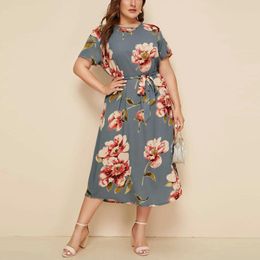 Plus Size Dresses Floral Dress For Women Casual Sleeveless Boho Flower Print O-Neck Long A-line DressPlus
