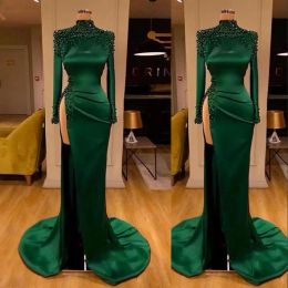 Green Evening Dark Dresses With Long Sleeves High Neck Side Slit Crystals Beaded Satin Floor Sweep Train Ball Gown Formal Wear 2022 Plus Size Custom Made