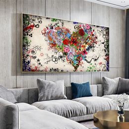 Modern Waterproof Ink Canvas Love Painting Abstract Colourful Heart Flowers Posters Prints Wall Art Picture for Living Room Home