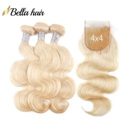 613 Blonde Bundles With Closure Human Hair Extensions 4x4 Transparent Colour Lace Closure Brazilian Silky Straight Body Wave 3 Bundle Plus 1 Piece Can be Dyed