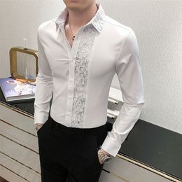 Sexy Lace Patchwork Men's Shirt Long Sleeve Slim Fit Streetwear Casual Shirts Nightclub Singer Social Party Blouse Chemise Homme 220324