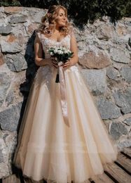 Elegant Light Champagne ALine Country Wedding Dress Sleeveless V-Neck Bridal Gowns Plus Size Straps Boho Beach Bride Dresses Floor Length Robe De Mariee