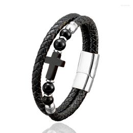 Charm Bracelets Natural Stone Cross Men's Jewellery Stainless Steel Buckle Genuine Leather Bracelet Multicolor Personality HommeCharm Lars