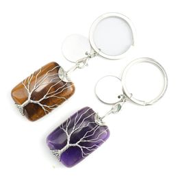 Handmade Tree of Life Key rings Rectangle Natural Stone Healing Crystal Quartz Keychain Keys Chain Key Ring