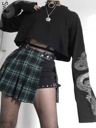Sweetown Autumn Crop Sweatshirt Dragon Print Long Sleeve Korean Fashion Pullover Black Casual Gothic Streetwear Sweatshirts 220815