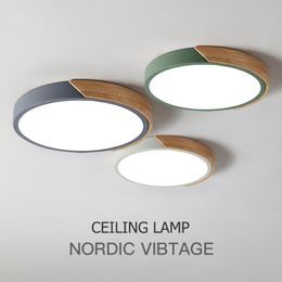 Ceiling Lights LED Modern Nordic Round Lamp Wooden Home Living Room Bedroom Lustre Lamp Mounted Lighting Fixture Remote Control