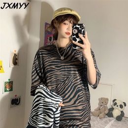 Fashion summer style Korean style zebra print all-match loose large size short-sleeved T-shirt top women JXMYY 210412