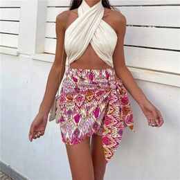 TRAF Print High Waist Shorts Women Fashion Women's Skirt Pants Elegant Knot Short Pants Woman Summer Beach Casual Shorts 220419