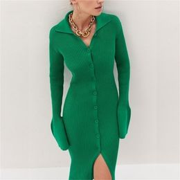 Autumn Winter Bodycon Dress Sweater Knitted Green Women Sexy Midi Split V Neck Y2k Long Sleeve Casual Club Party Dresses 220317