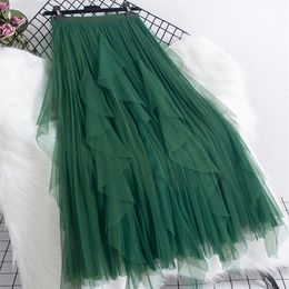 TIGENA Fashion Ruffles Tutu Tulle Skirt Women Korean Casual Solid A Line High Waist Pleated Midi Long Skirt Female Green Pink 220611